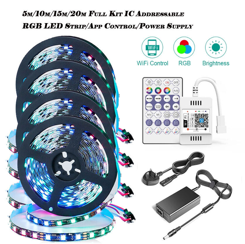 $_57 IC Addressable 12V WS2811 RGB LED Strip 20Pixels/m 5/10/15/20m Waterproof Kit - Image 1